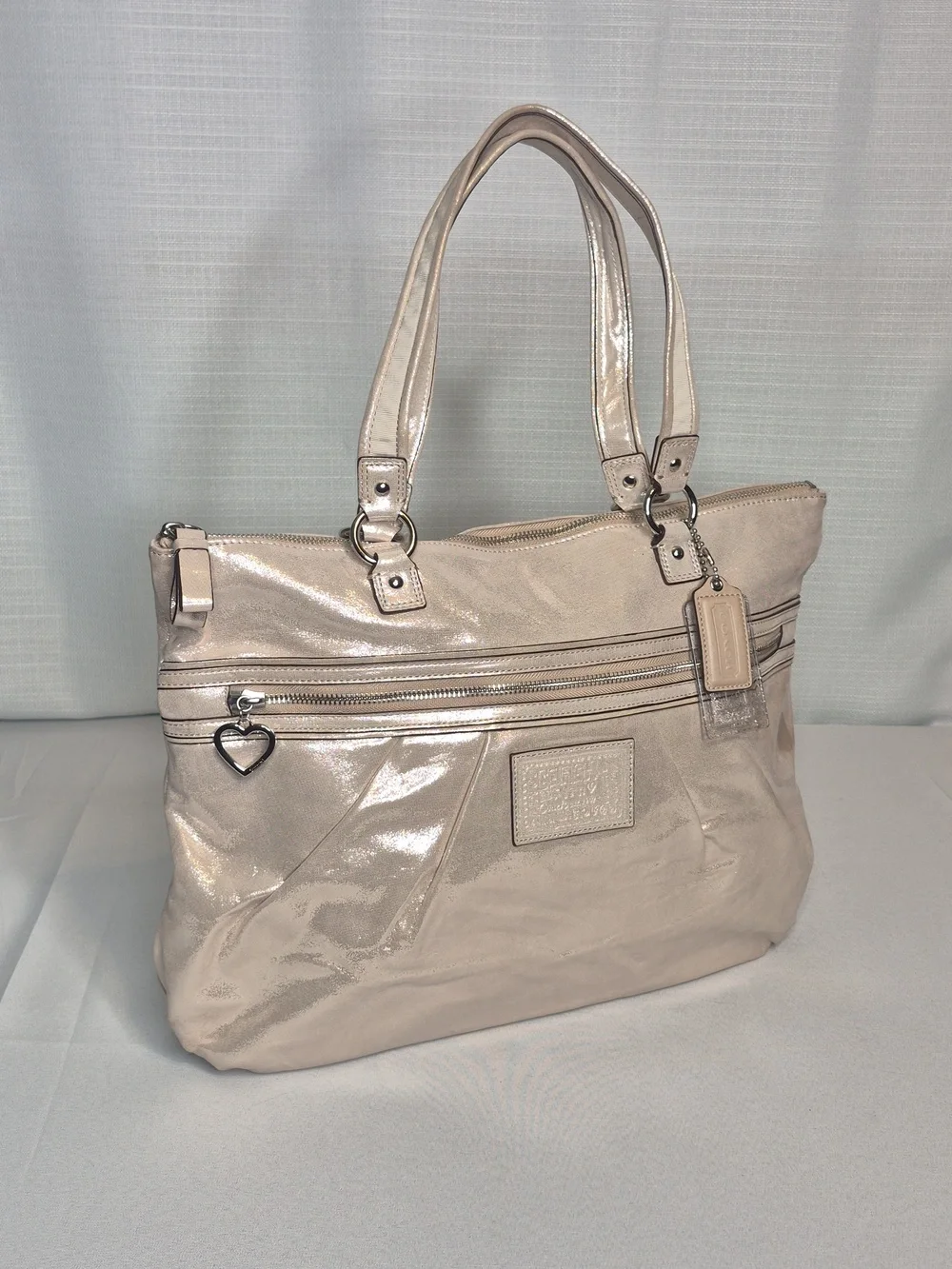 Coach Poppy Shimmery Champagne Tote Bag with Heart Charm (NWT)